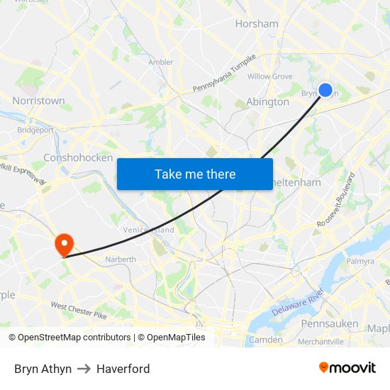 Bryn Athyn to Haverford map