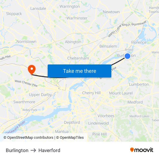 Burlington to Haverford map