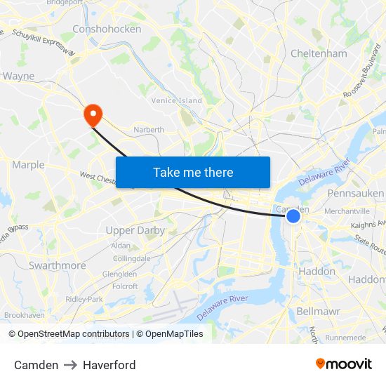 Camden to Haverford map