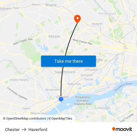 Chester to Haverford map