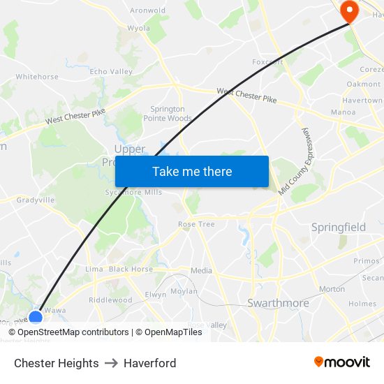 Chester Heights to Haverford map