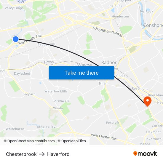 Chesterbrook to Haverford map