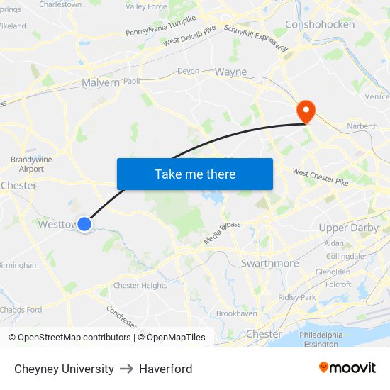 Cheyney University to Haverford map