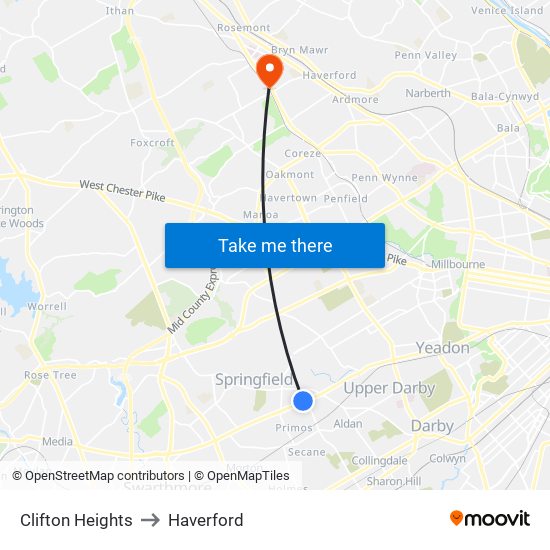 Clifton Heights to Haverford map