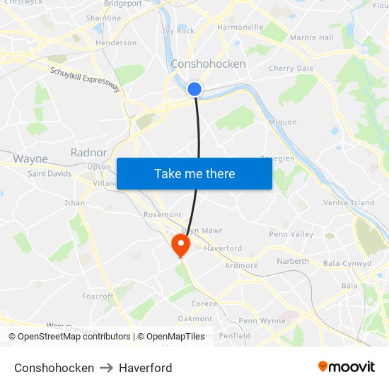 Conshohocken to Haverford map