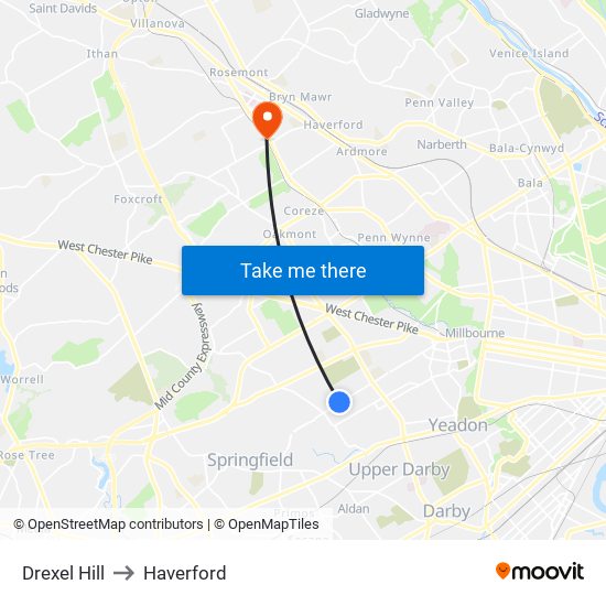 Drexel Hill to Haverford map