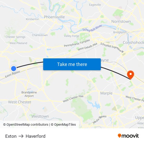 Exton to Haverford map