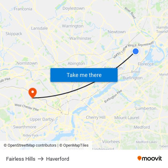 Fairless Hills to Haverford map