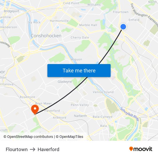 Flourtown to Haverford map