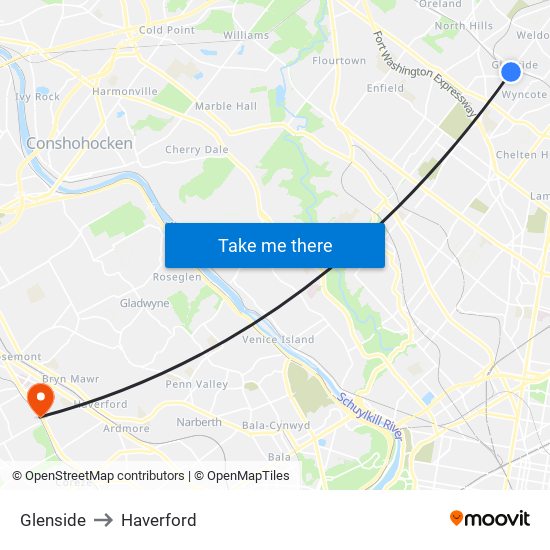 Glenside to Haverford map