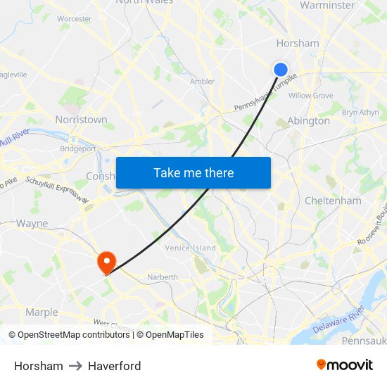 Horsham to Haverford map