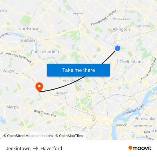 Jenkintown to Haverford map