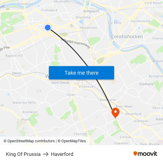 King Of Prussia to Haverford map