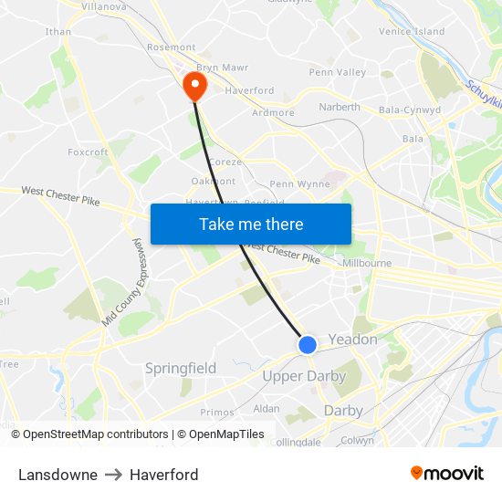 Lansdowne to Haverford map