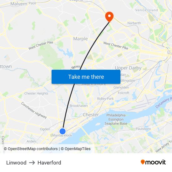 Linwood to Haverford map