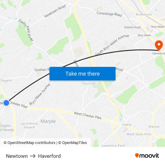 Newtown to Haverford map