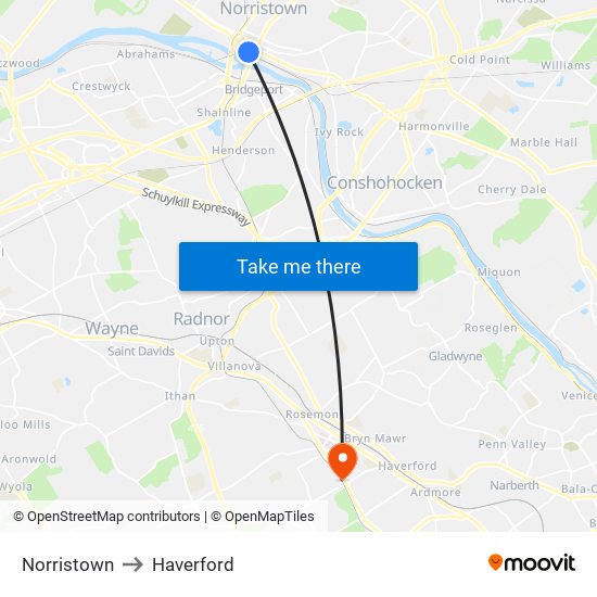 Norristown to Haverford map