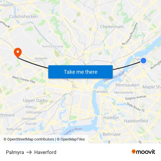 Palmyra to Haverford map