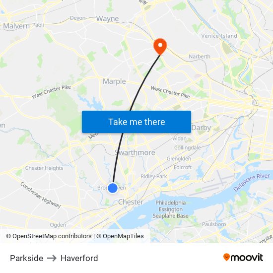 Parkside to Haverford map