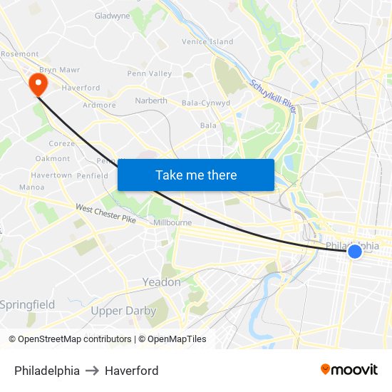 Philadelphia to Haverford map