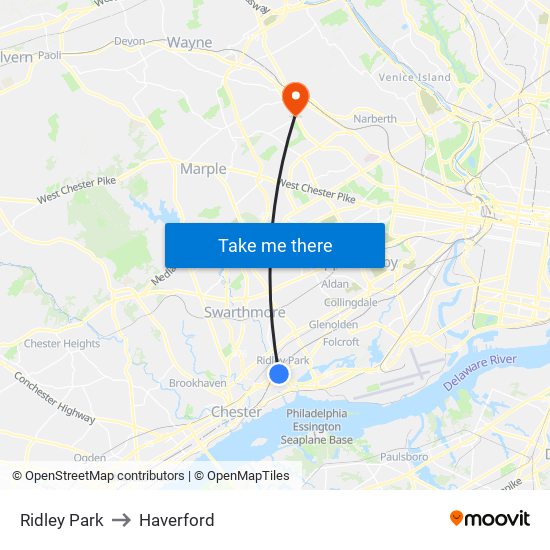 Ridley Park to Haverford map