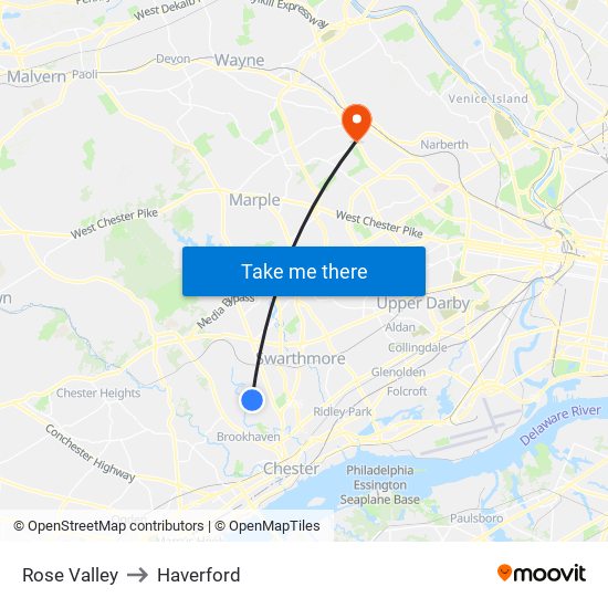 Rose Valley to Haverford map