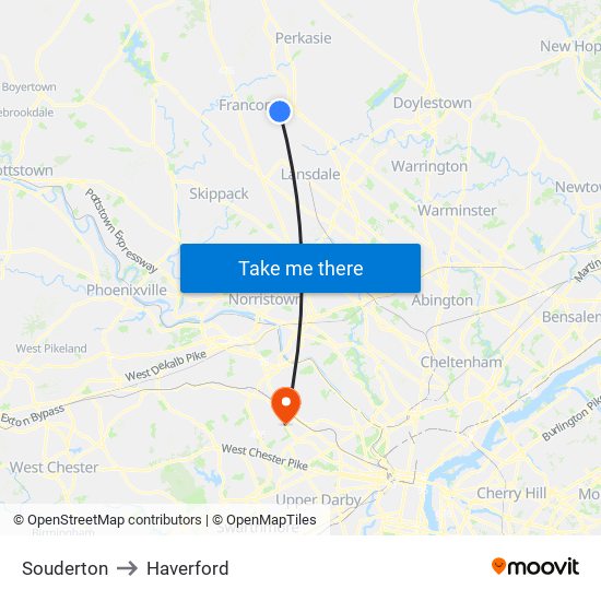 Souderton to Haverford map