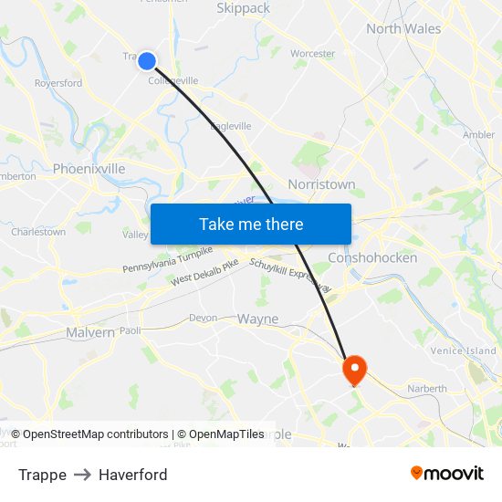 Trappe to Haverford map
