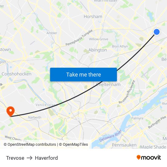 Trevose to Haverford map