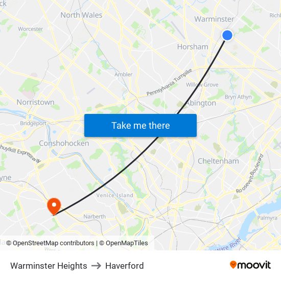 Warminster Heights to Haverford map