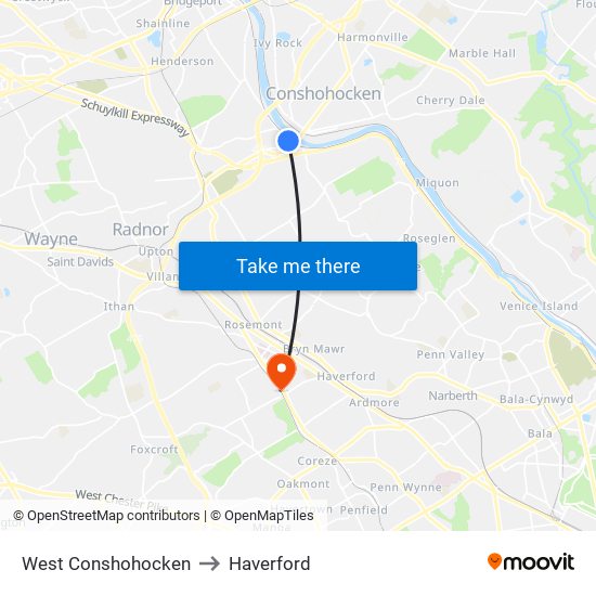 West Conshohocken to Haverford map