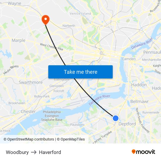 Woodbury to Haverford map