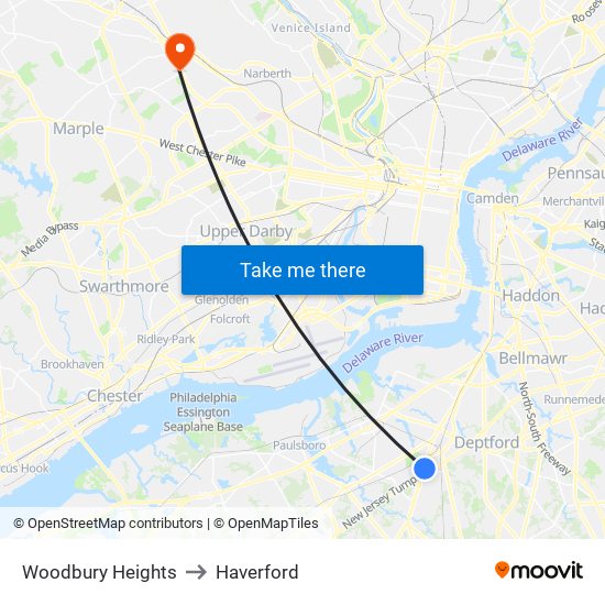 Woodbury Heights to Haverford map