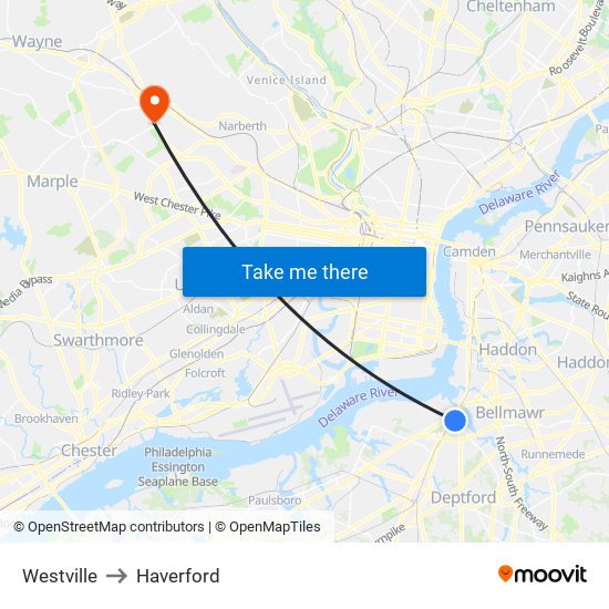 Westville to Haverford map