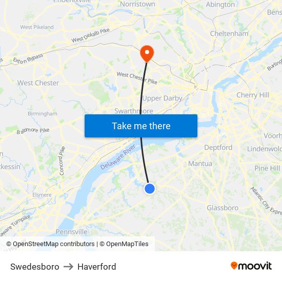 Swedesboro to Haverford map