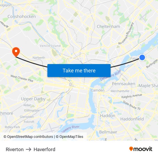 Riverton to Haverford map