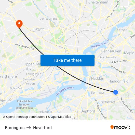 Barrington to Haverford map