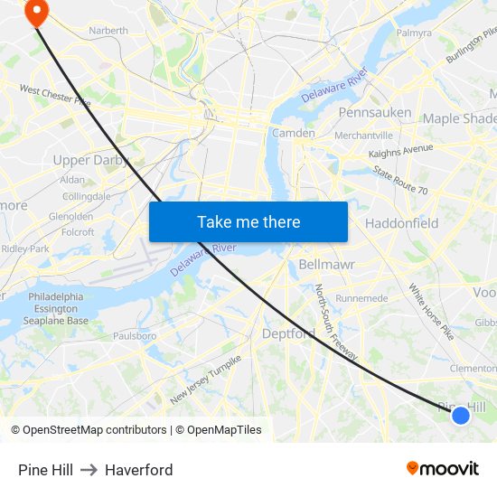 Pine Hill to Haverford map