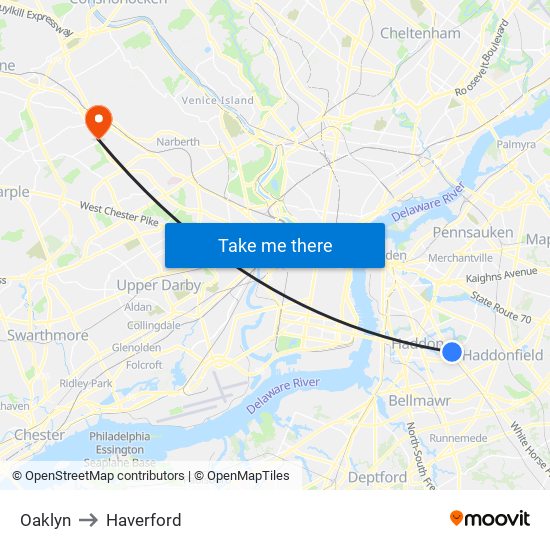 Oaklyn to Haverford map