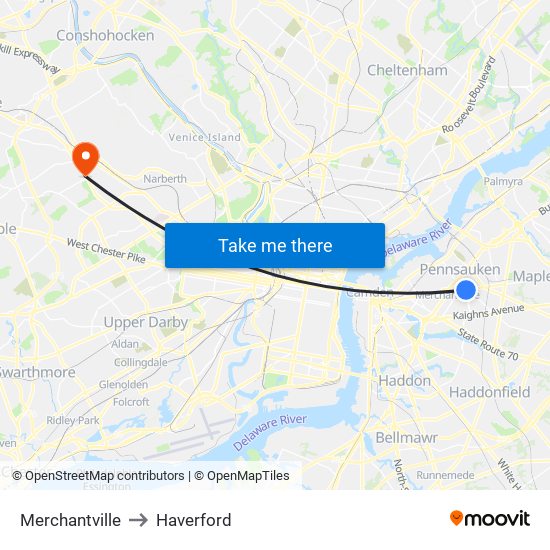 Merchantville to Haverford map