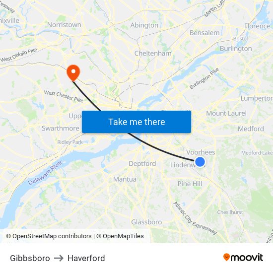 Gibbsboro to Haverford map