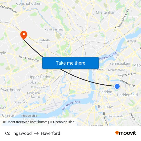 Collingswood to Haverford map