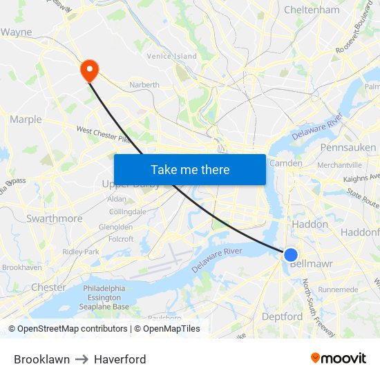 Brooklawn to Haverford map