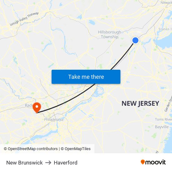 New Brunswick to Haverford map