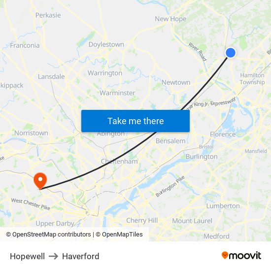 Hopewell to Haverford map