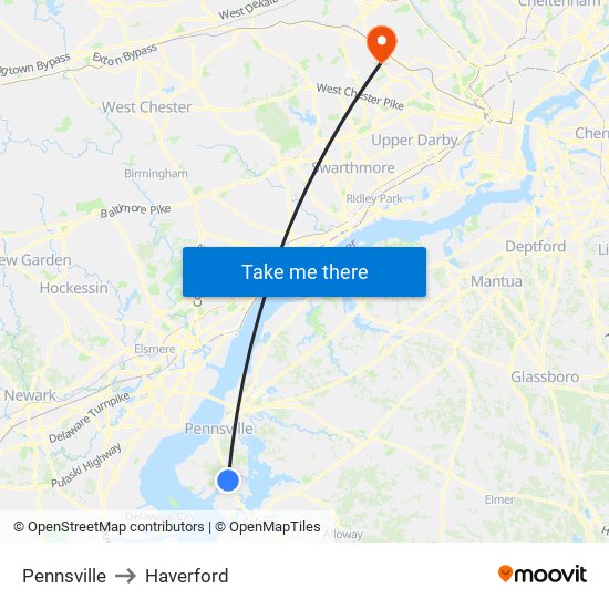 Pennsville to Haverford map