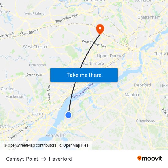 Carneys Point to Haverford map