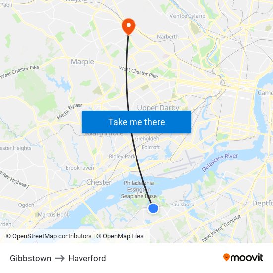 Gibbstown to Haverford map