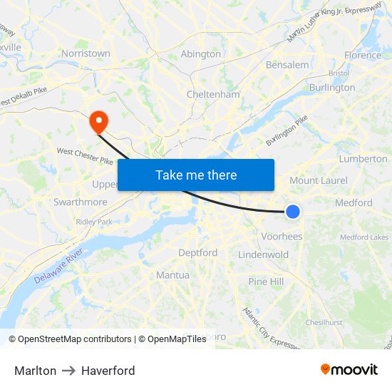 Marlton to Haverford map