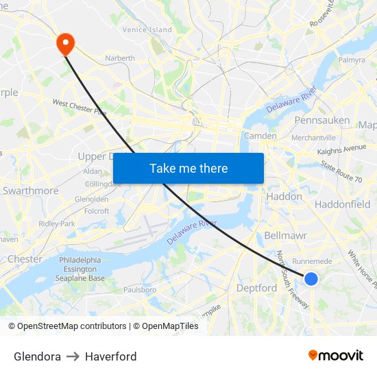 Glendora to Haverford map
